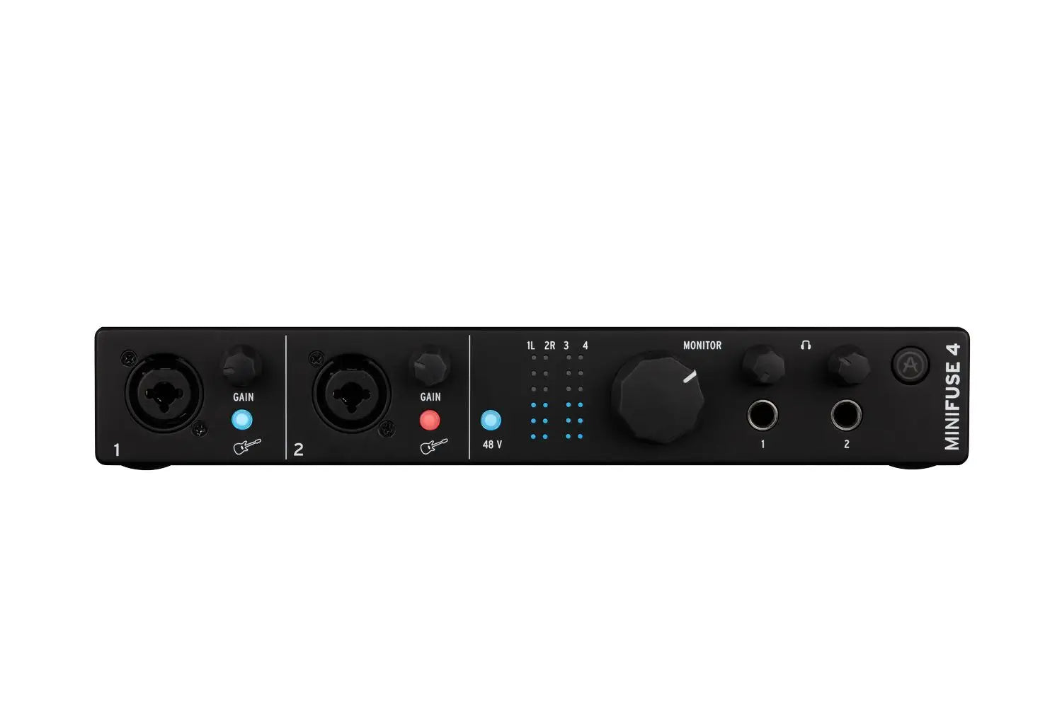 Black arturia versatile desktop minifuse 4in 4out midi audio interface with two xlr inputs gain controls and monitor knob