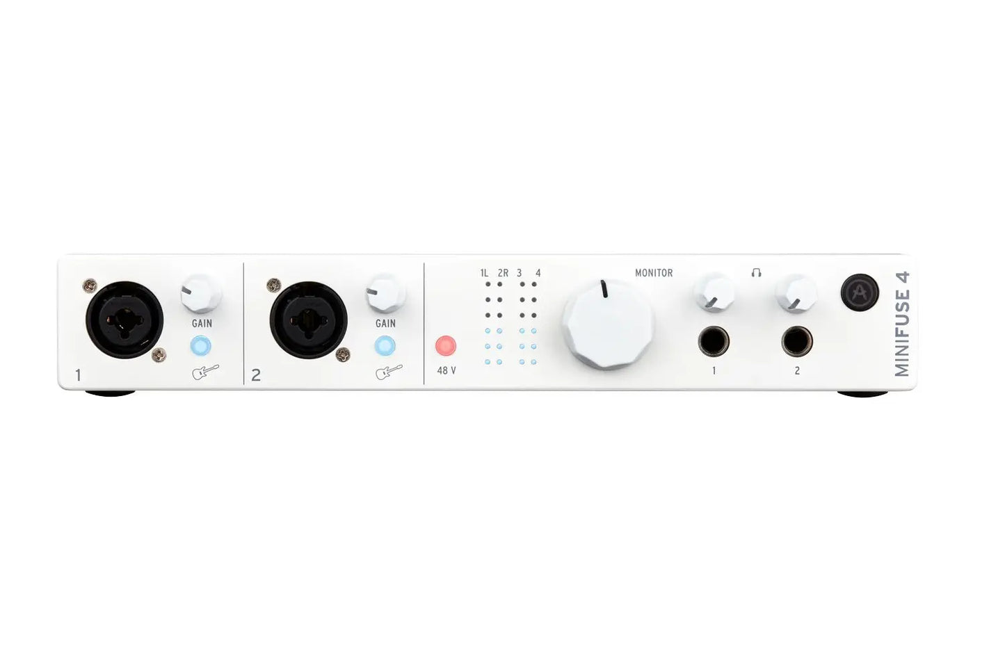 Arturia versatile desktop minifuse 4in 4out midi audio interface in white with black xlr inputs and central monitor knob