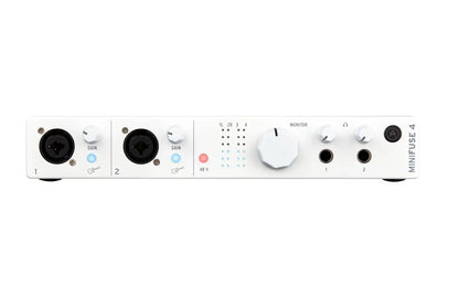 Arturia versatile desktop minifuse 4in 4out midi audio interface in white with black xlr inputs and central monitor knob