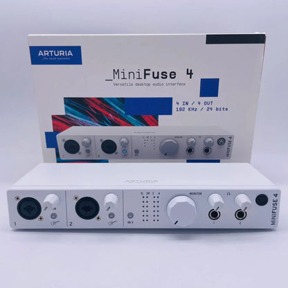 White arturia versatile desktop minifuse 4in 4out midi audio interface with four ports and control knobs for producers and podcasters