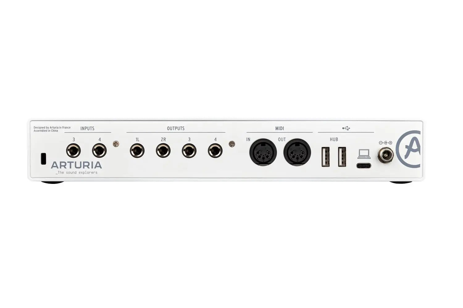 White arturia versatile desktop minifuse 4in 4out midi audio interface with black ports and usb-c connectors visible