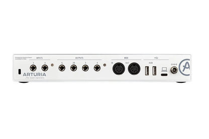 White arturia versatile desktop minifuse 4in 4out midi audio interface with black ports and usb-c connectors visible