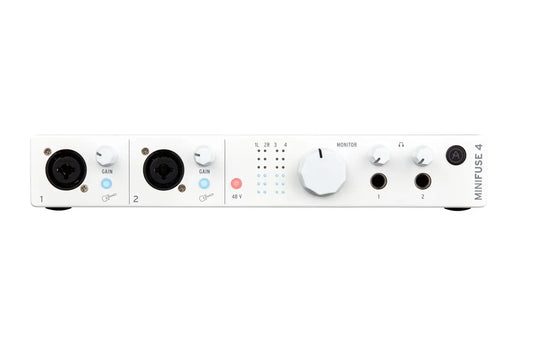 White versatile desktop minifuse 4 audio interface with black xlr inputs gain and central monitor knob for 4in 4out midi use