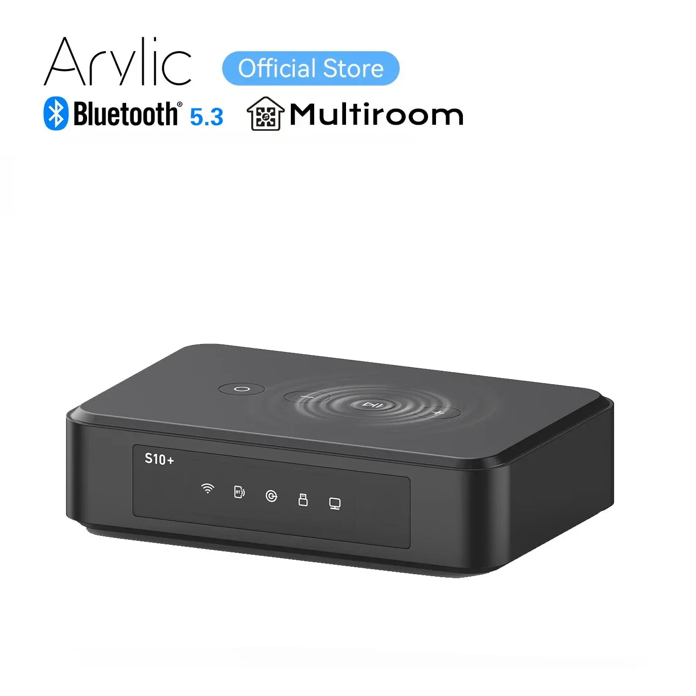 Black Arylic S10+ wireless music streamer with Bluetooth 5.3 multiroom PC audio receiver and tactile buttons