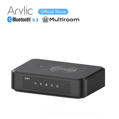 Black Arylic S10+ wireless music streamer with Bluetooth 5.3 multiroom PC audio receiver and tactile buttons