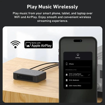 Black rectangular arylic s10+ wireless music streamer with matte finish and 3.5mm jack for multiroom pc audio use