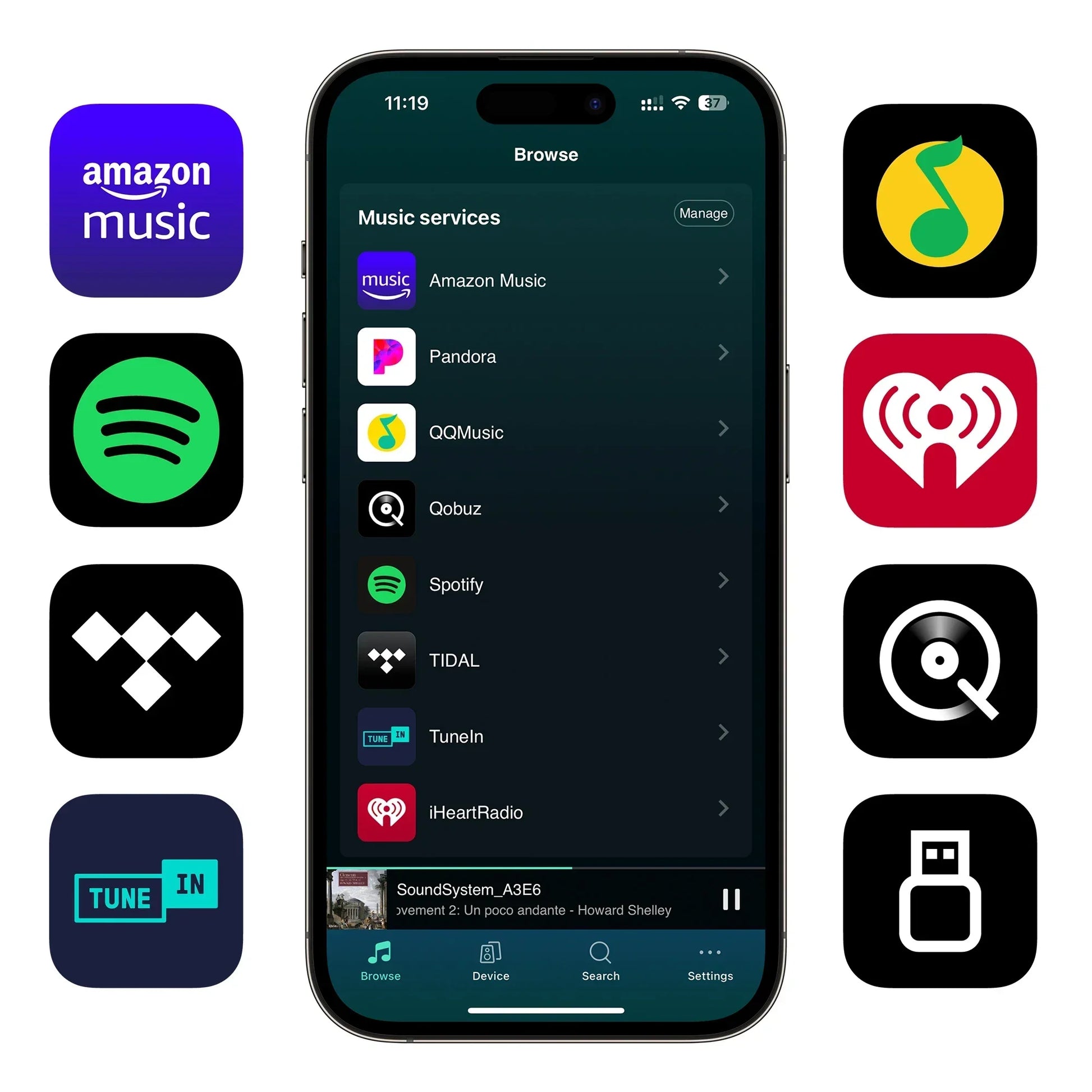 Black smartphone displaying amazon music and spotify apps with arylic s10+ wireless music streamer for multiroom pc audio