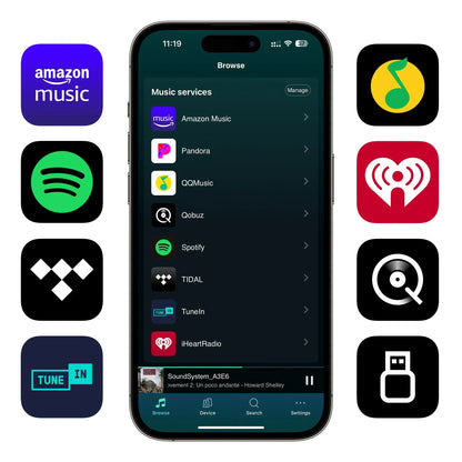 Black smartphone displaying amazon music and spotify apps with arylic s10+ wireless music streamer for multiroom pc audio
