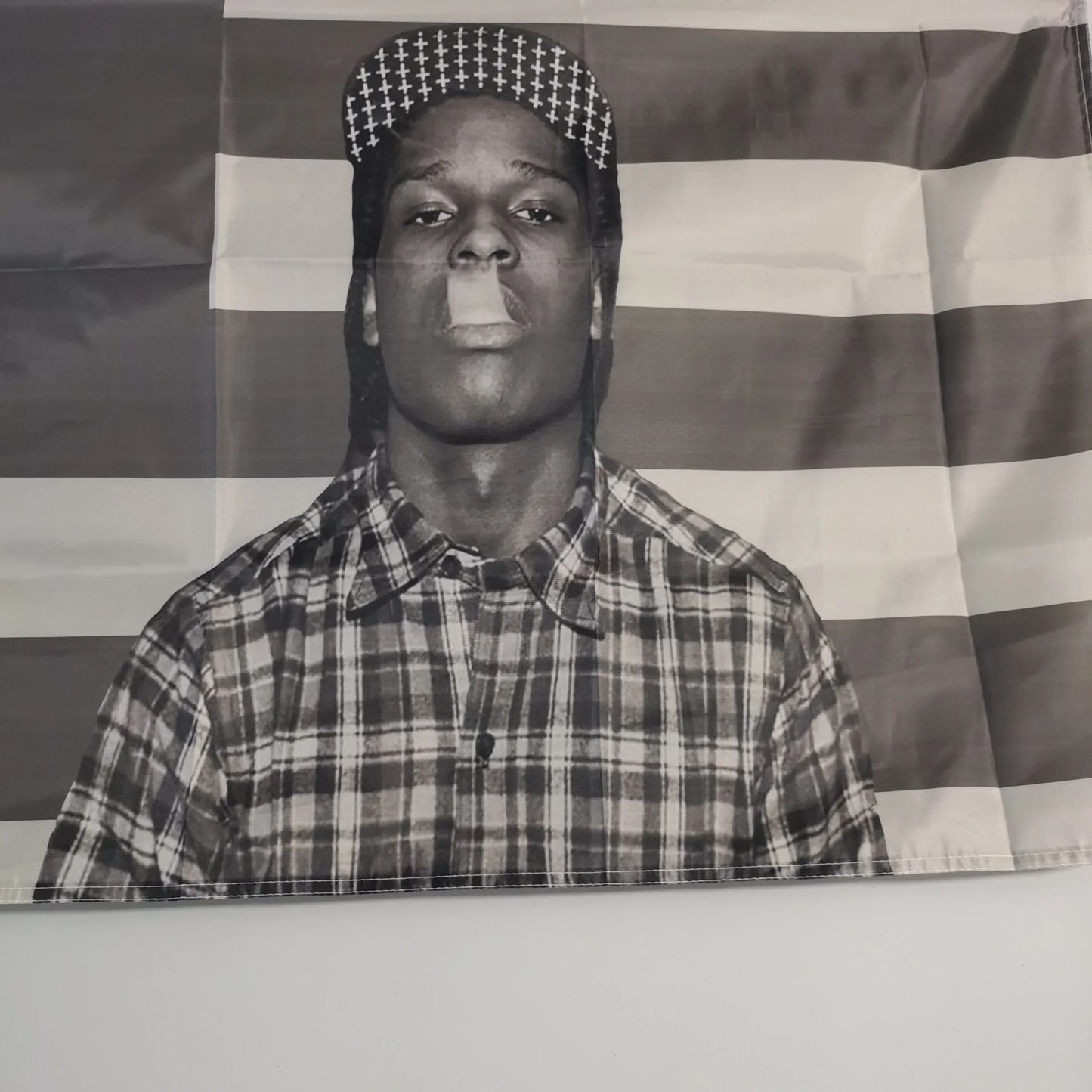 Black-and-white poster of a man in plaid shirt with mouth taped, american flag background for rockys flag 3x5fts room decor