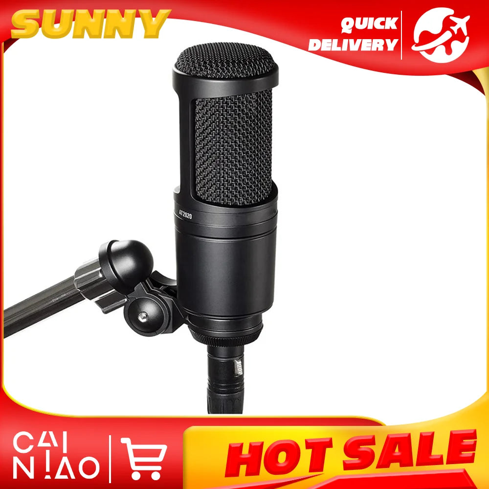 Black at2020 cardioid condenser microphone with metallic finish and mesh grille mounted on stand for studio applications mic recording gaming live
