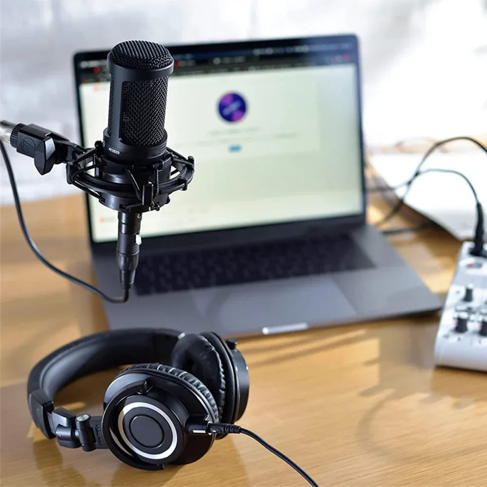 Black at2020 cardioid condenser microphone with mesh grille and shock mount for recording gaming live and studio applications mic