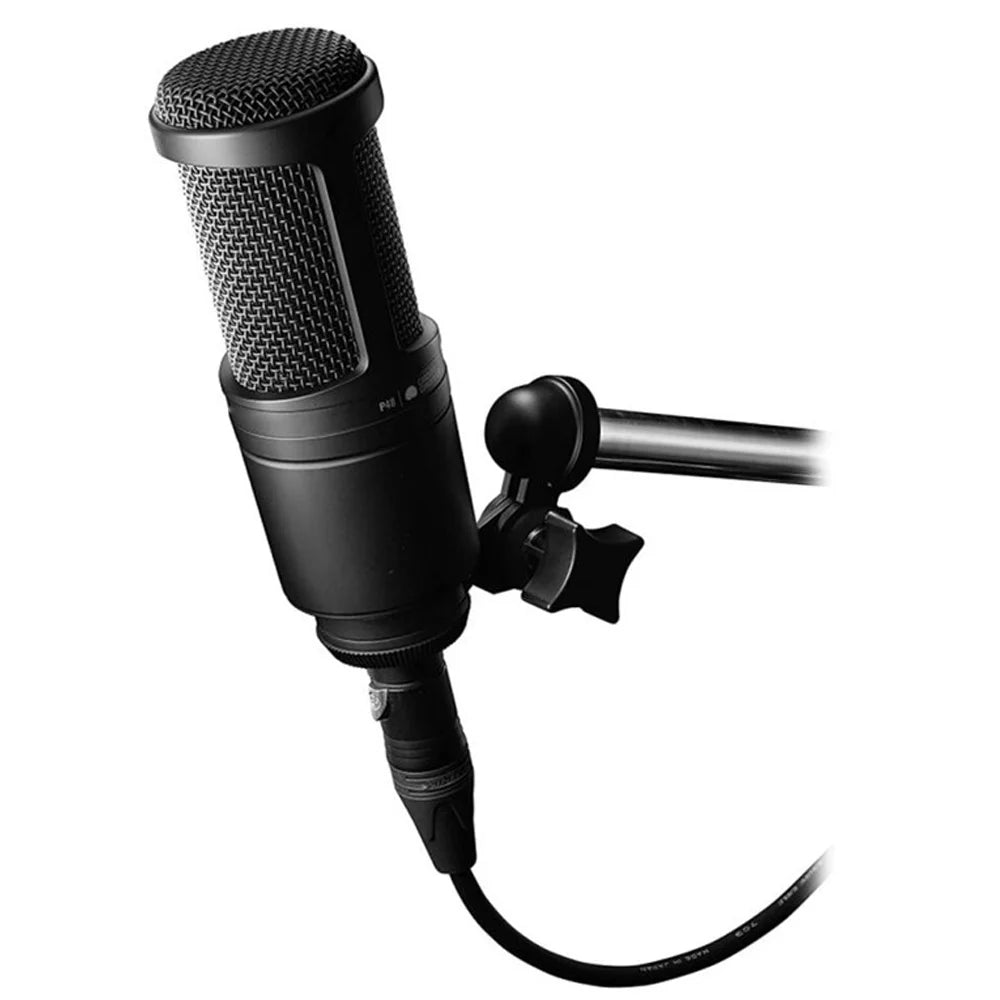Black at2020 cardioid condenser microphone with metallic finish and mesh grille mounted on stand for recording gaming live and studio applications mic