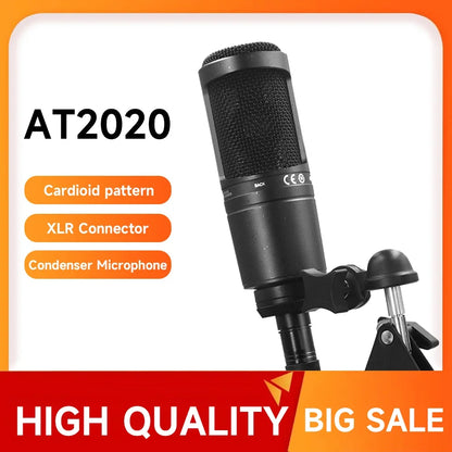 Black at2020 studio condenser microphone with cardioid pattern and xlr connector for recording podcast live stream karaoke