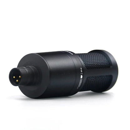 Black at2020 studio condenser microphone with textured grille and gold xlr connector for recording podcast live stream karaoke
