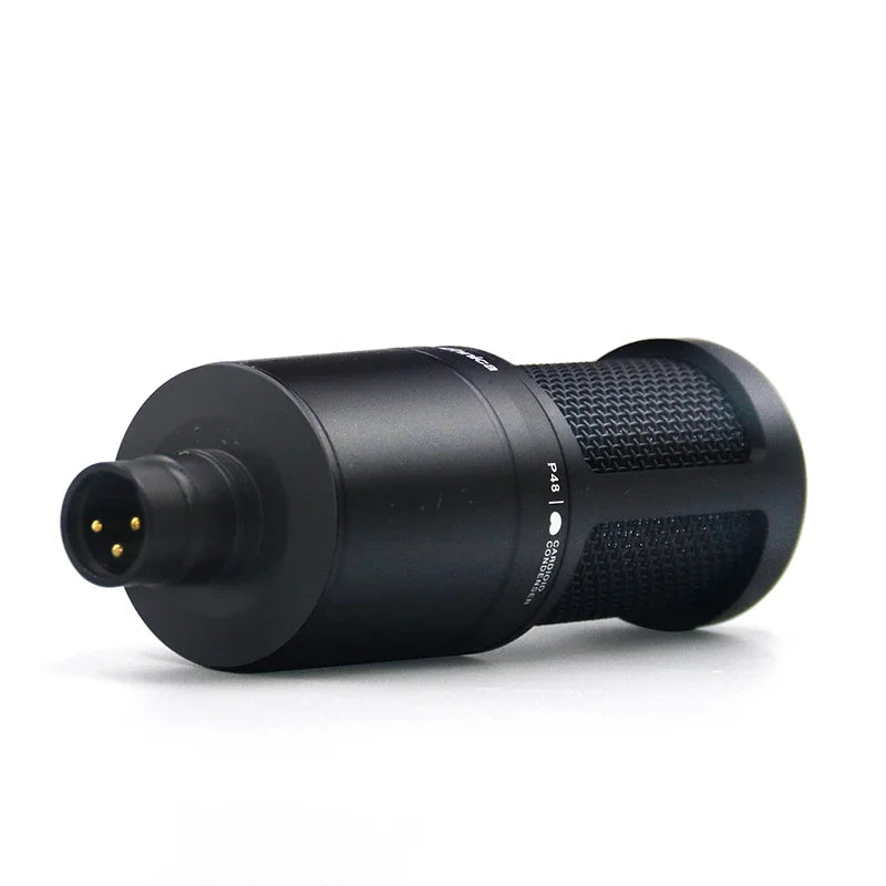 Black at2020 studio condenser mic with textured grille and gold xlr connector for recording podcast live stream karaoke