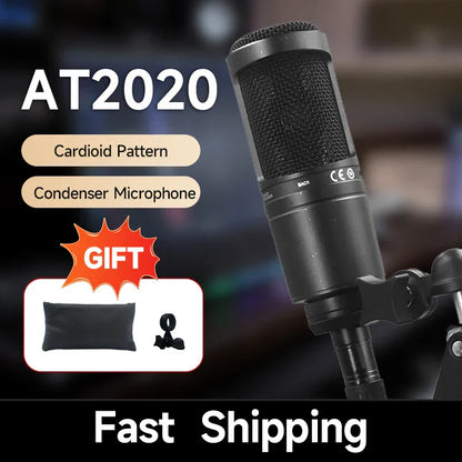 Black at2020 wired xlr condenser microphone podcasting desk mic with cardioid pattern for home recording studio use