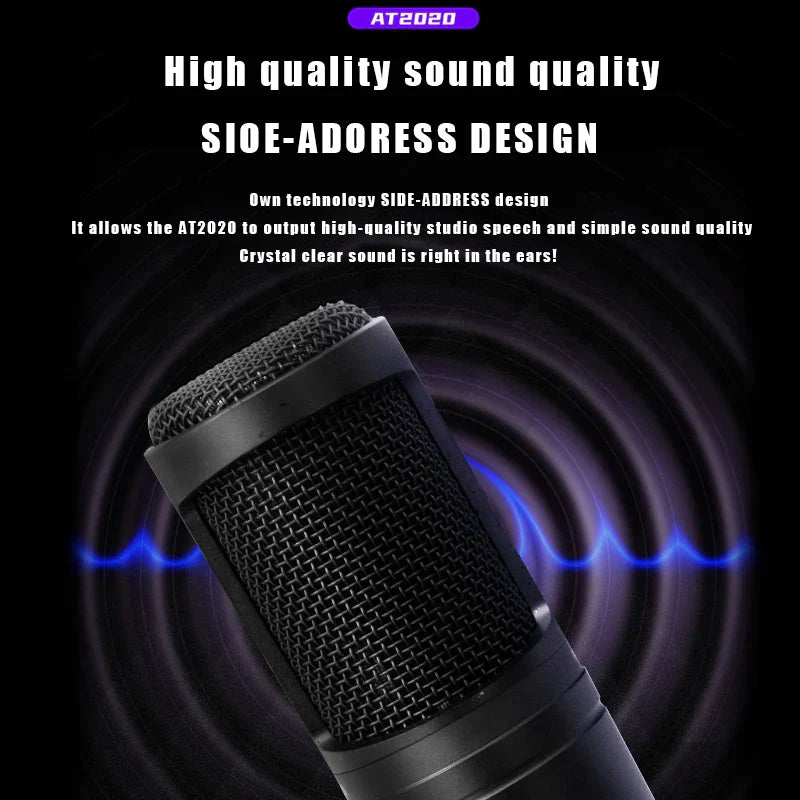 Black at2020 wired xlr condenser microphone podcasting desk mic with mesh grille and metallic finish for home recording studio