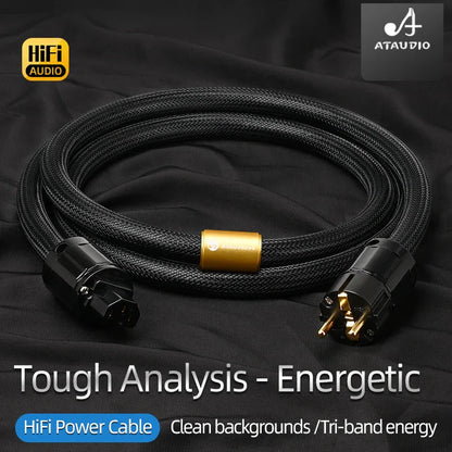Black braided hifi eu power audio cable by ataudio featuring quality 6n ofc double shielded with gold-plated connectors