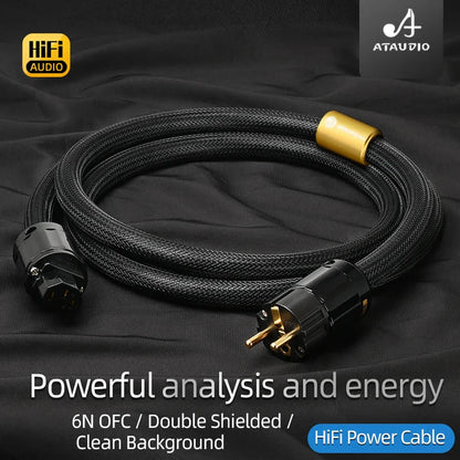 Black braided hifi eu power cable atacuo with gold-plated connectors and quality 6n ofc double shielded construction