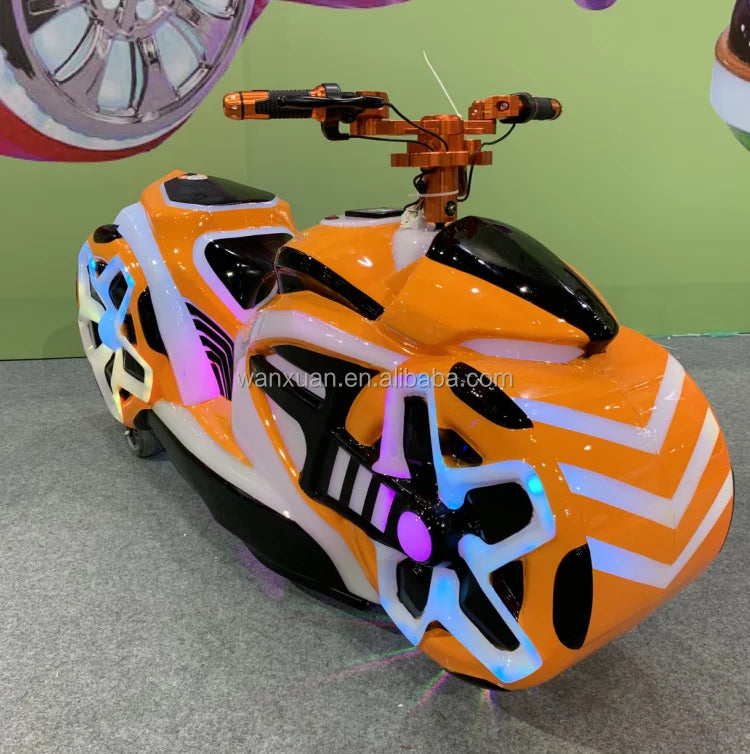 Attractive musical battery ride motorcycle in vibrant orange and black with glossy plastic body and beautiful light for mall use