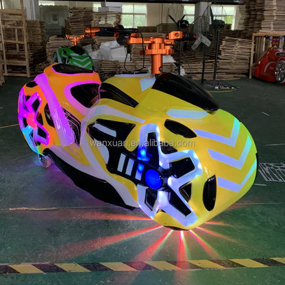 Attractive musical battery ride featuring a vibrant yellow and black arcade motorcycle with beautiful light and led accents