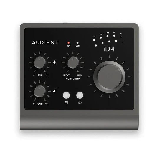 Black audient professional id4 mkii mk2 recording audio interface with silver knobs and large central dial for arranger electric guitar