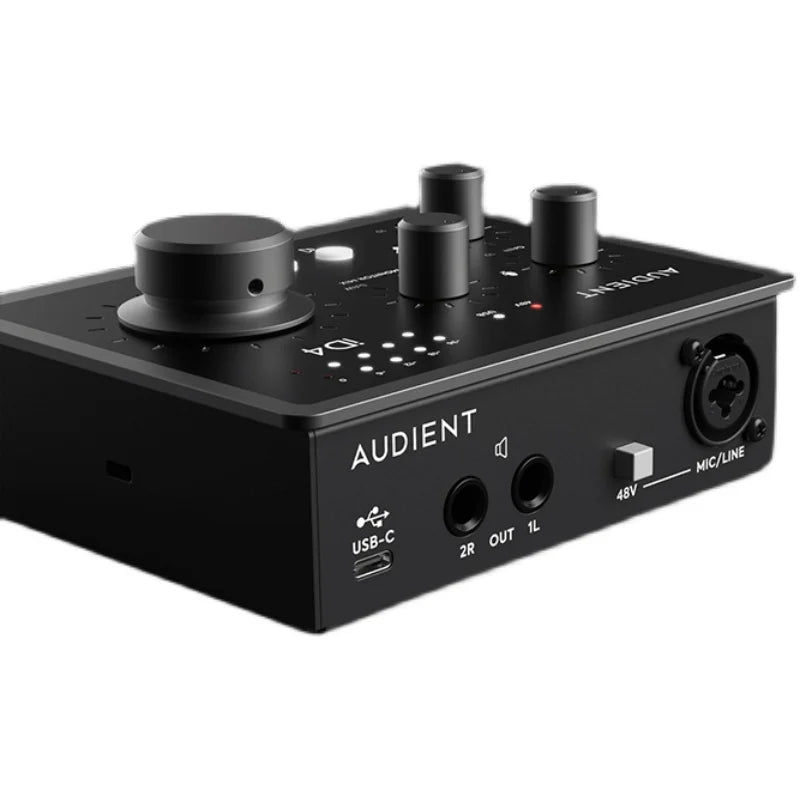Black audient professional id4 mkii recording live arranger electric guitar audio interface with matte finish and multiple ports
