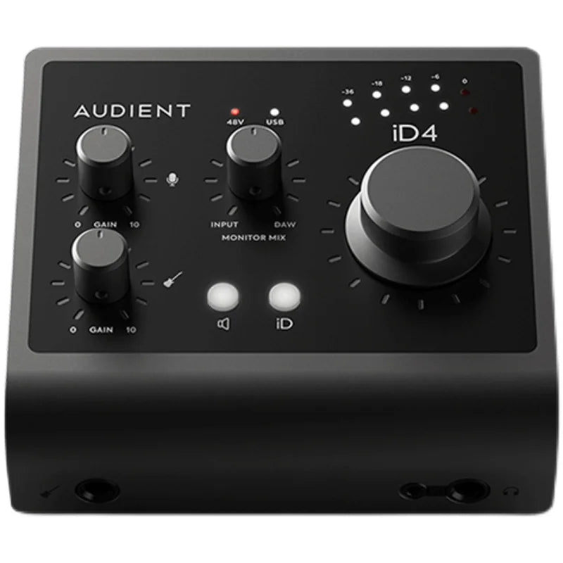 Black audient professional id4 mk2 recording live audio interface with matte finish and multiple control knobs for arranger electric guitar