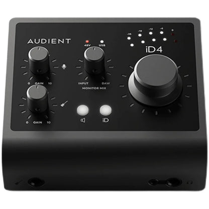 Black audient professional id4 mk2 recording live audio interface with matte finish and multiple control knobs for arranger electric guitar