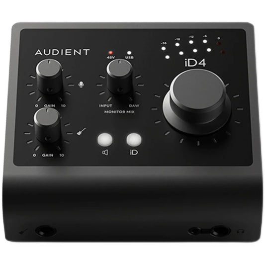 Black audient professional id4 mkii audio interface with matte finish and multiple control knobs for live arranger electric use