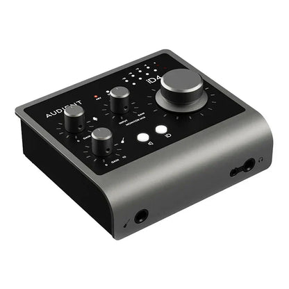 Black and silver audient professional id4 mkii mk2 recording audio interface with knobs led indicators and ports for arranger electric guitar