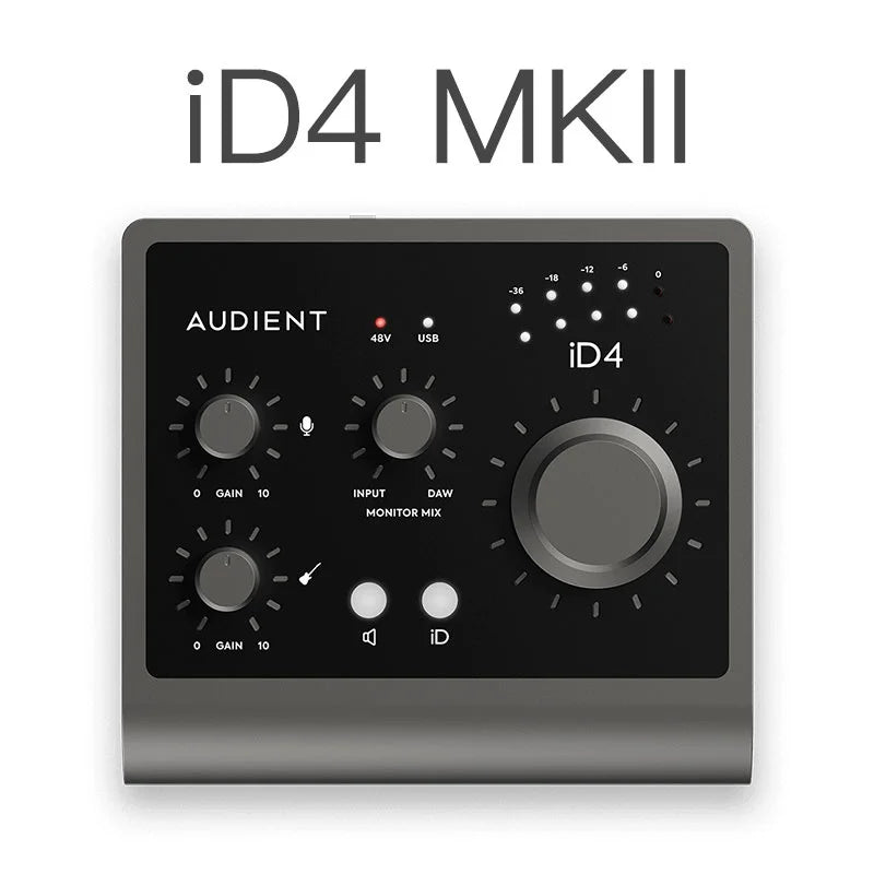 Black and silver Audient professional iD4 MKII MK2 recording audio interface with knobs LED indicators for arranger electric guitar