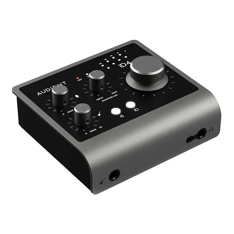 Black and silver audient professional id4 mk2 recording live arranger electric guitar audio interface with knobs and ports