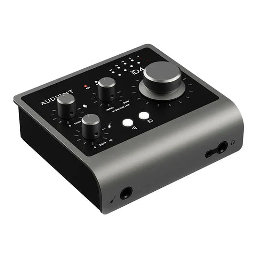 Black and silver audient professional id4 mk2 recording live arranger electric guitar audio interface with knobs and ports