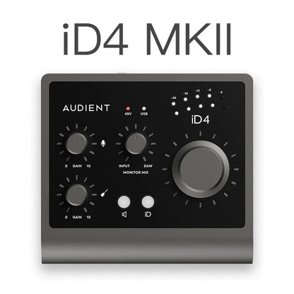 Black and silver Audient professional iD4 MKII audio interface with knobs and LEDs for recording live arranger and arranger electric guitar