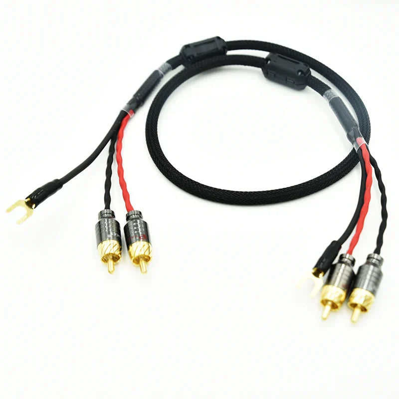 Black braided audio 2 rca to rca cable with independent shielded signal and amplifier chassis gold plated connector
