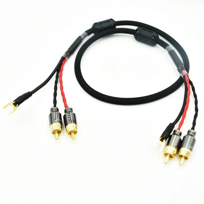 Black braided audio 2 rca to rca cable with independent shielded signal and amplifier chassis gold plated connector