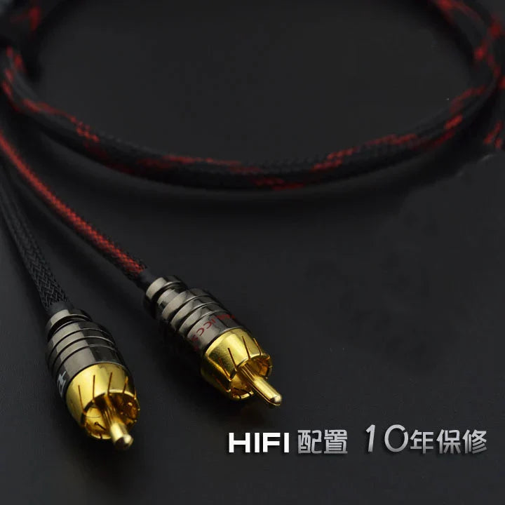 Black and red braided audio 2 rca to rca cable with independent shielded signal and amplifier chassis gold plated connector