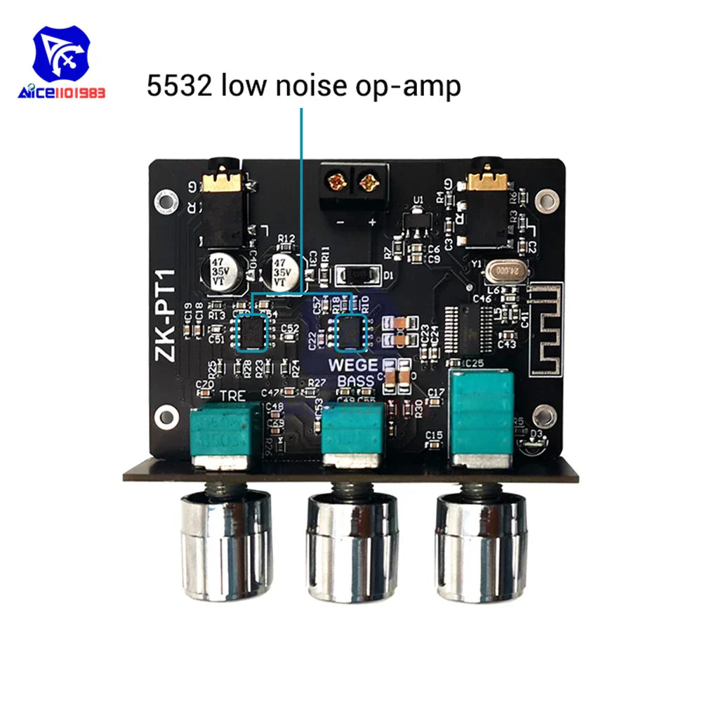 Black circuit board audio bluetooth 5.0 amplifier board with silver speaker outputs and teal capacitors for music amplifier stereo
