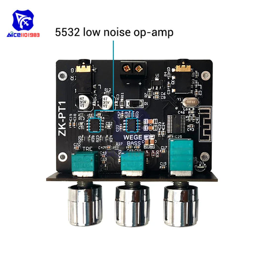 Black circuit board audio bluetooth 5.0 amplifier board with silver speaker outputs and teal capacitors for music amplifier stereo