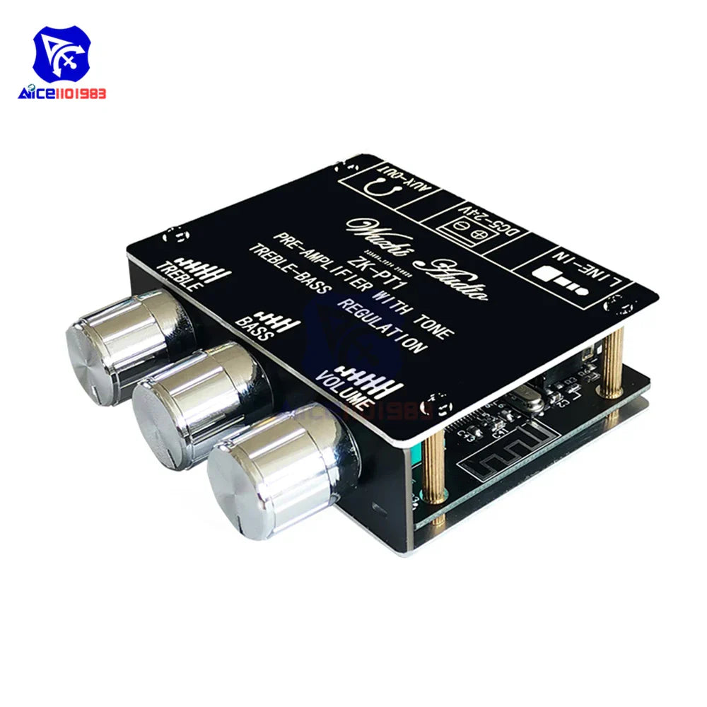 Black rectangular speakers sound preamplifier with three chrome knobs for treble bass and volume music amplifier stereo decoding board