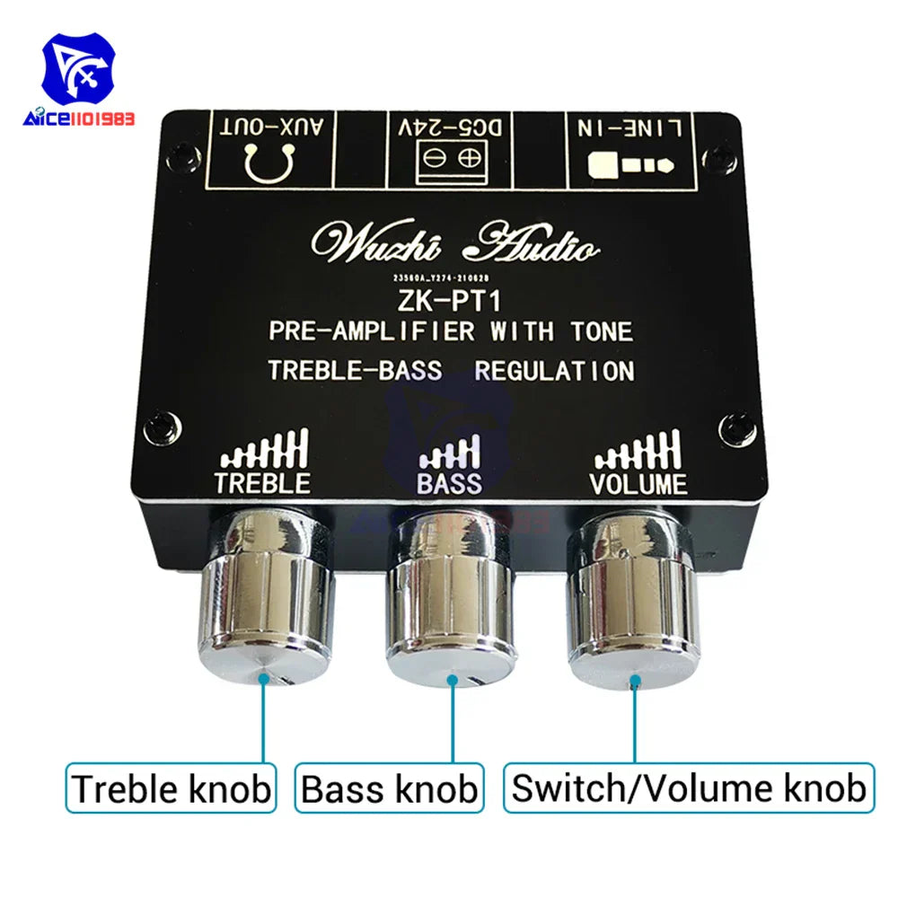 Black rectangular wuzhi audio zk-pt1 pre-amplifier with chrome knobs for treble bass volume for music amplifier stereo decoding board speakers sound preamplifier
