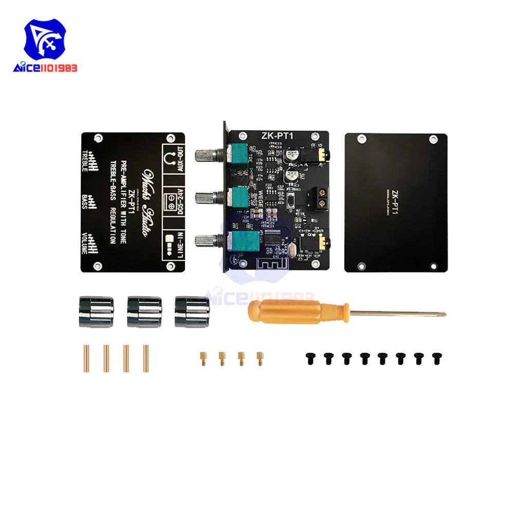 Black zk-pt1 speakers sound preamplifier board with green potentiometers and silver knobs for music amplifier stereo uses