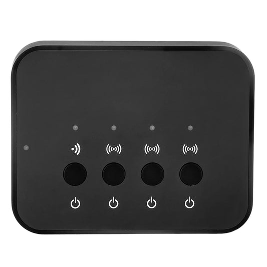 Black rectangular wireless stereo bluetooth audio adapter music sharing device with four circular buttons and wi-fi icons