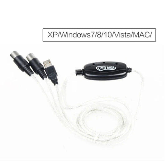 Black midi interface audio cable keyboard with two 1/4-inch ts jacks and usb midi cable converter for pc connection