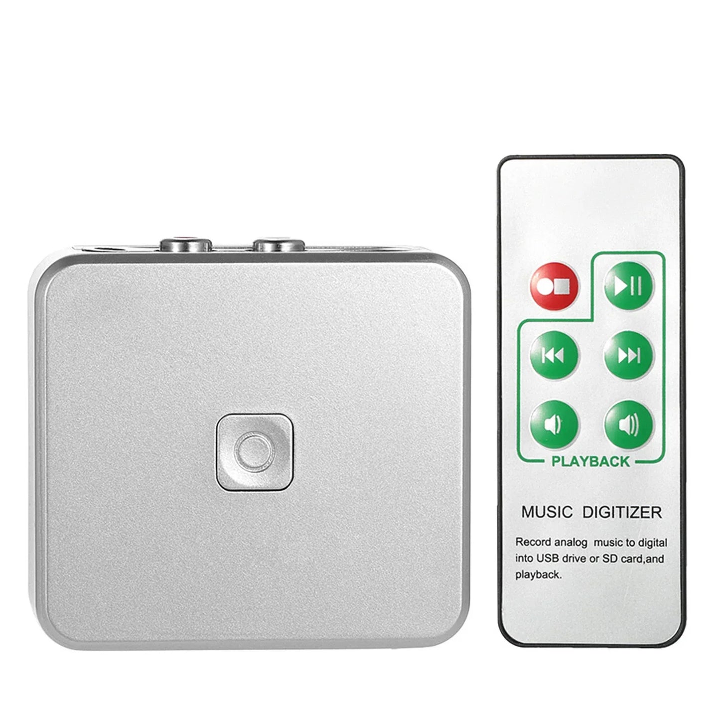 Silver rectangular audio capture recorder music digitizer with central button and matching remote for automatic partition
