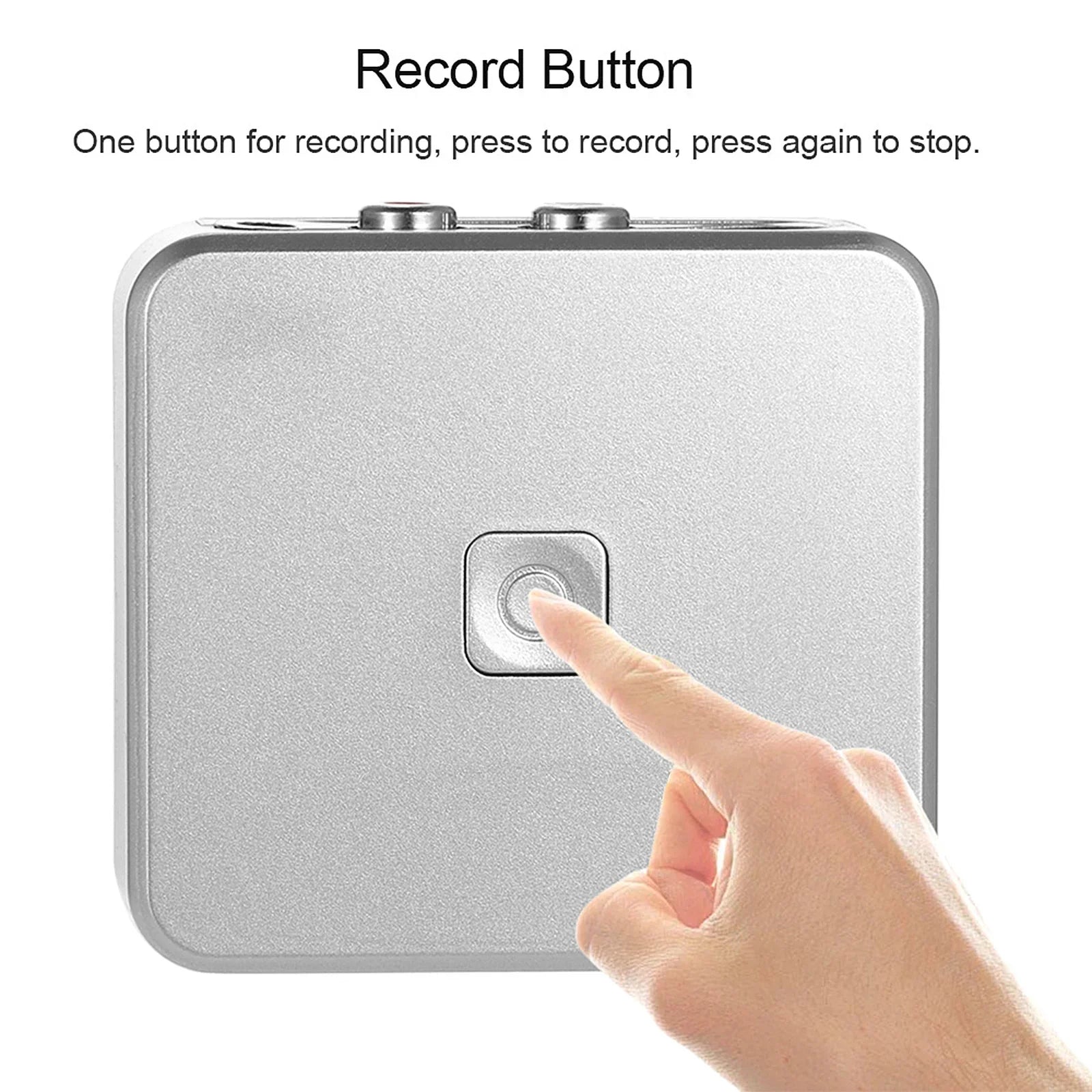 Silver metallic square audio capture recorder button with central touch area for music digitizer automatic partition