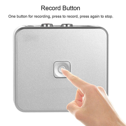 Silver metallic square audio capture recorder button with central touch area for music digitizer automatic partition