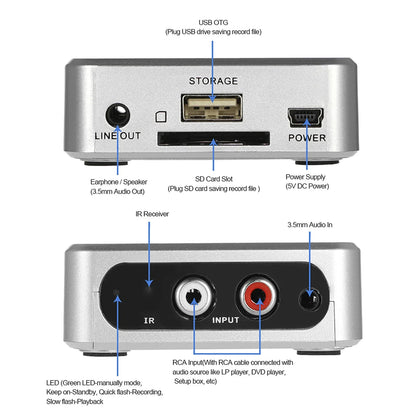 Silver rectangular audio capture recorder music digitizer with usb otg sd card slot rca and 3.5mm audio ports
