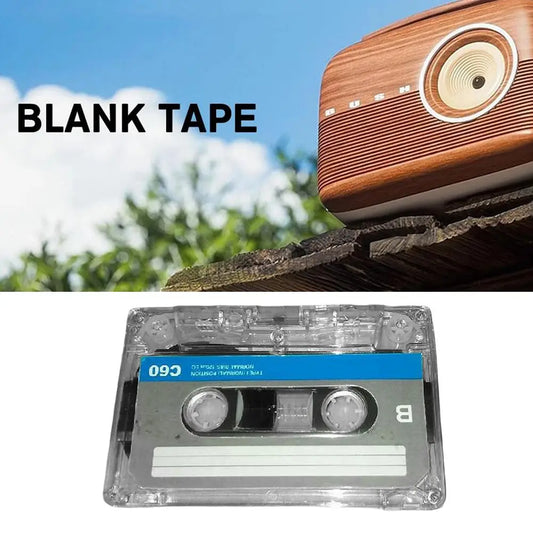 Clear plastic audio cassette with blue label and silver metallic casing for vintage music voice recording media use
